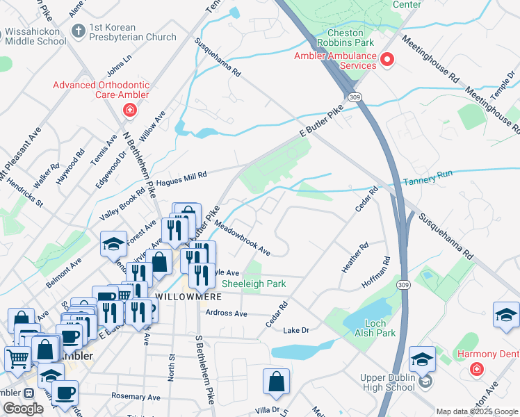 map of restaurants, bars, coffee shops, grocery stores, and more near 83 Hampstead Drive in Ambler