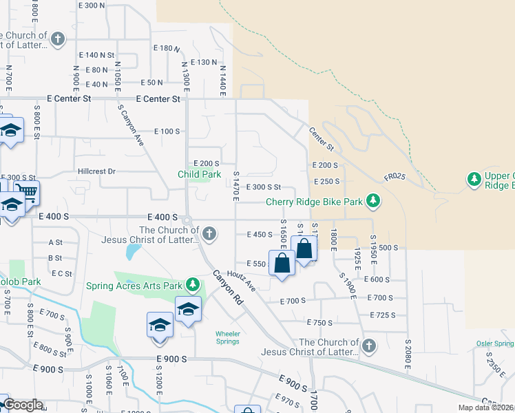 map of restaurants, bars, coffee shops, grocery stores, and more near 1548 East 350 South in Springville