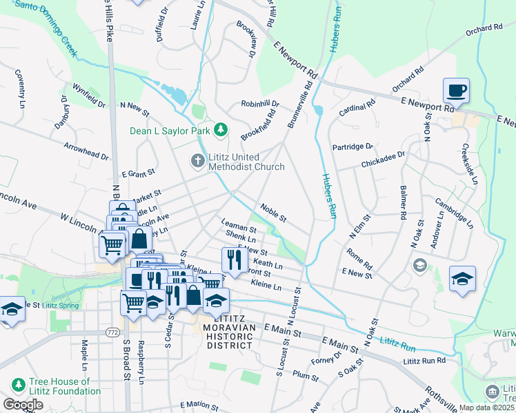 map of restaurants, bars, coffee shops, grocery stores, and more near 399 North Water Street in Lititz