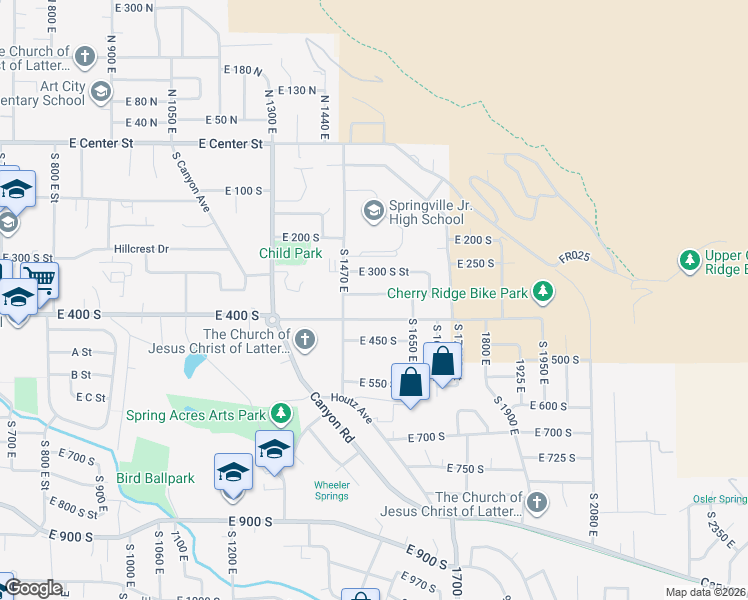 map of restaurants, bars, coffee shops, grocery stores, and more near 1548 East 350 South in Springville