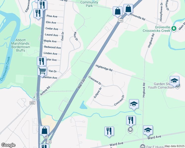 map of restaurants, bars, coffee shops, grocery stores, and more near 16 Highbridge Road in Trenton