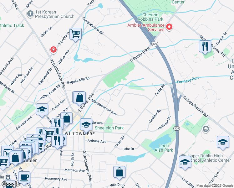 map of restaurants, bars, coffee shops, grocery stores, and more near 83 Hampstead Drive in Ambler