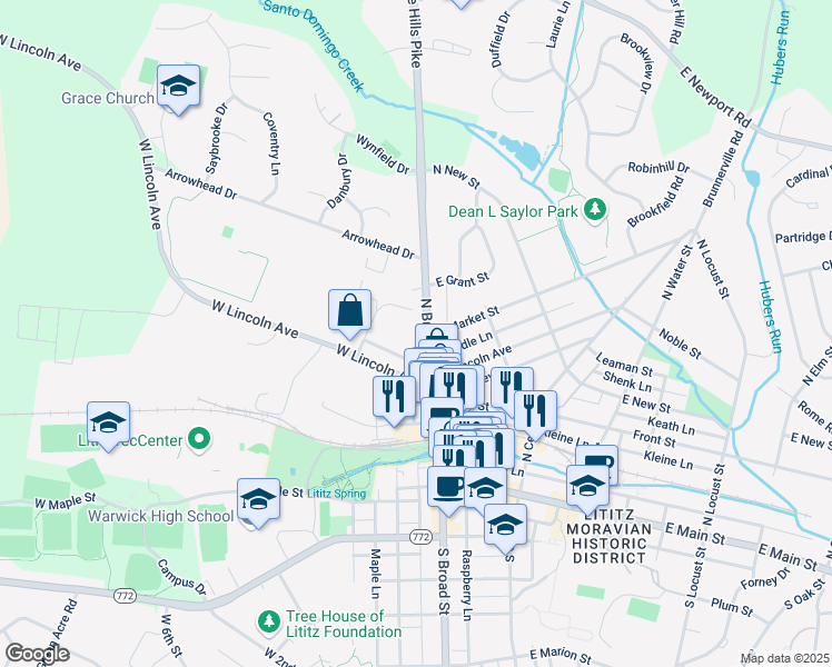 map of restaurants, bars, coffee shops, grocery stores, and more near 218 North Broad Street in Lititz