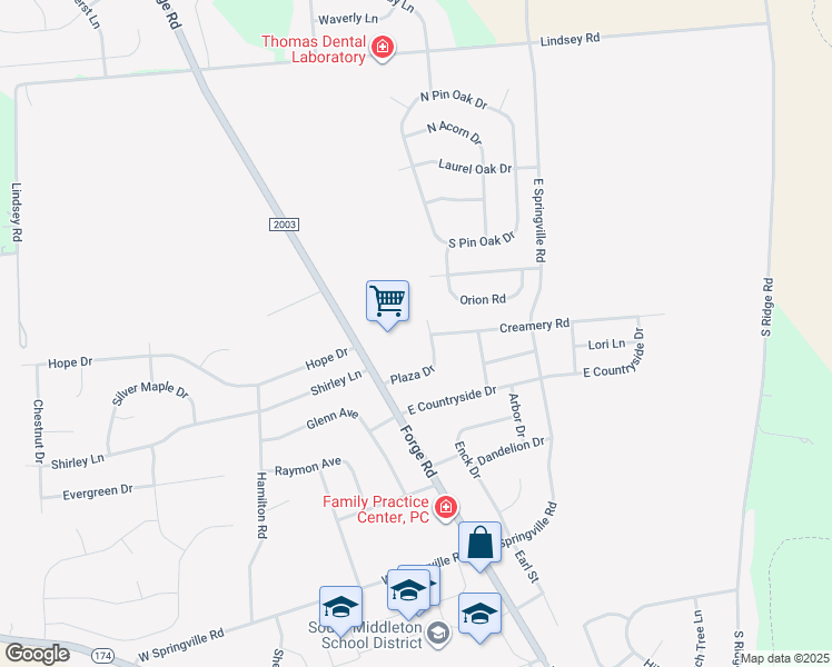map of restaurants, bars, coffee shops, grocery stores, and more near 1 Creamery Road in Boiling Springs
