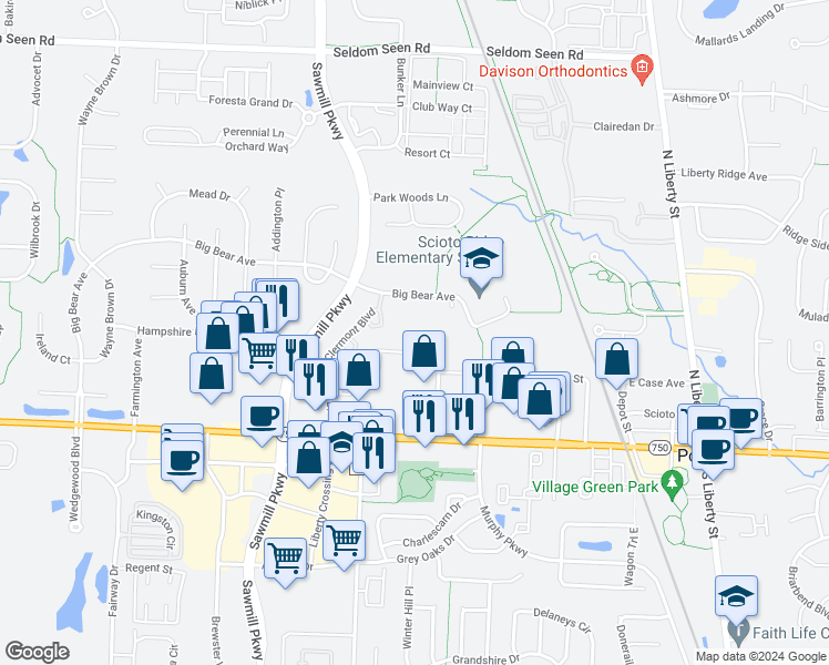map of restaurants, bars, coffee shops, grocery stores, and more near 3485 Bear Pointe Circle in Powell