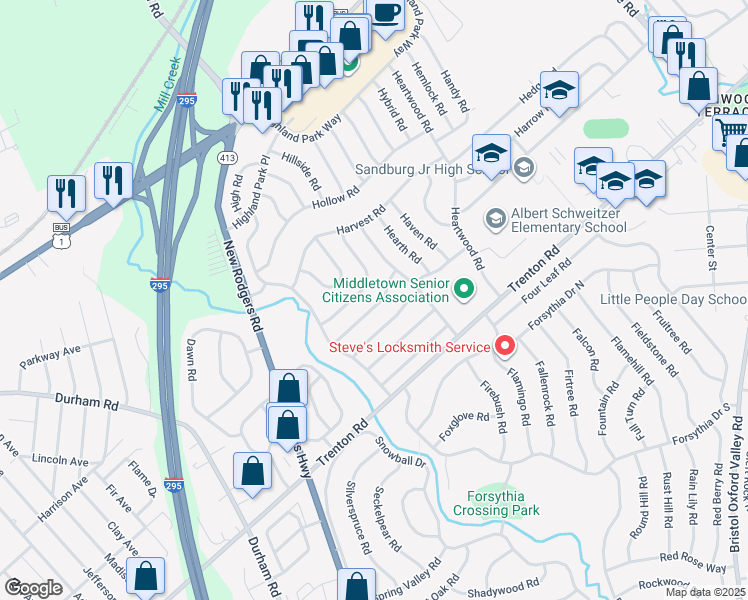 map of restaurants, bars, coffee shops, grocery stores, and more near 21 Hardy Road in Levittown