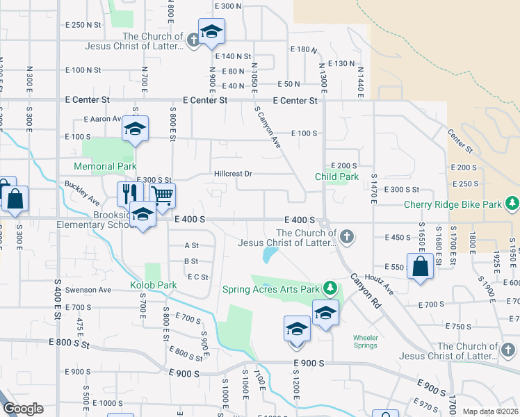map of restaurants, bars, coffee shops, grocery stores, and more near 354 South 1100 East in Springville