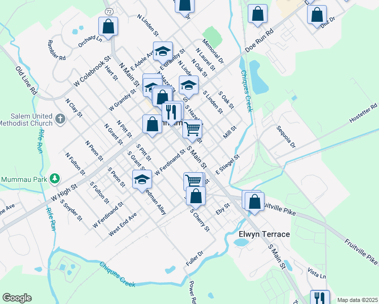 map of restaurants, bars, coffee shops, grocery stores, and more near 21 West Ferdinand Street in Manheim