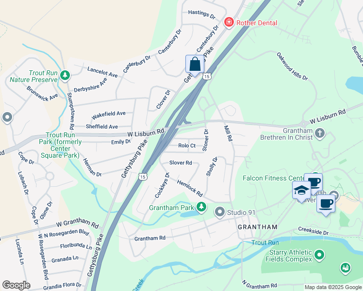 map of restaurants, bars, coffee shops, grocery stores, and more near 3519 Rolo Court in Mechanicsburg