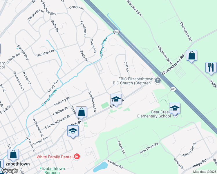 map of restaurants, bars, coffee shops, grocery stores, and more near 10 Willow Ridge in Elizabethtown