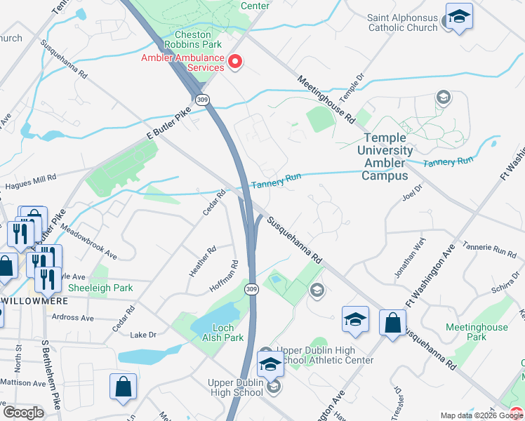 map of restaurants, bars, coffee shops, grocery stores, and more near 612 Susquehanna Road in Ambler