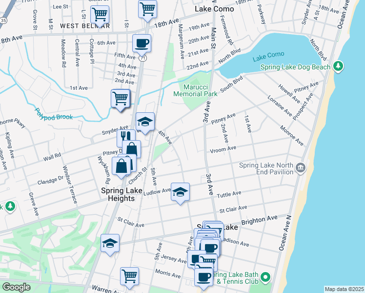 map of restaurants, bars, coffee shops, grocery stores, and more near 2112 Edgewood Place in Spring Lake