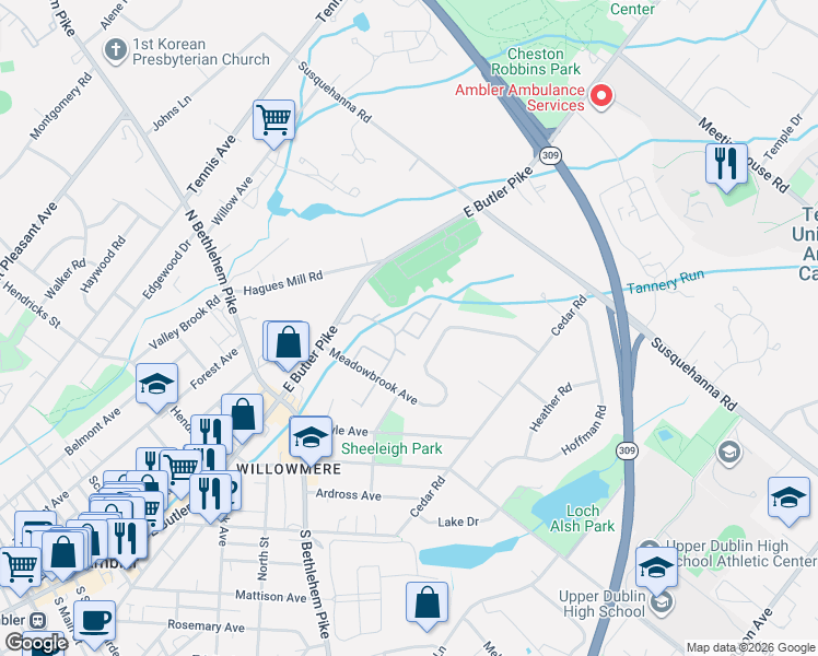map of restaurants, bars, coffee shops, grocery stores, and more near 83 Hampstead Drive in Ambler