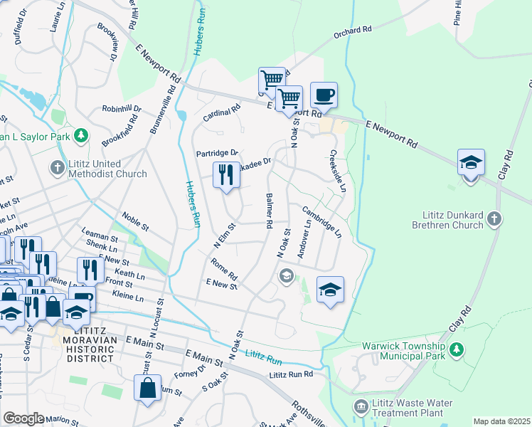 map of restaurants, bars, coffee shops, grocery stores, and more near 334 Balmer Rd in Lititz