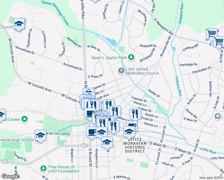 map of restaurants, bars, coffee shops, grocery stores, and more near 125 East Lincoln Avenue in Lititz