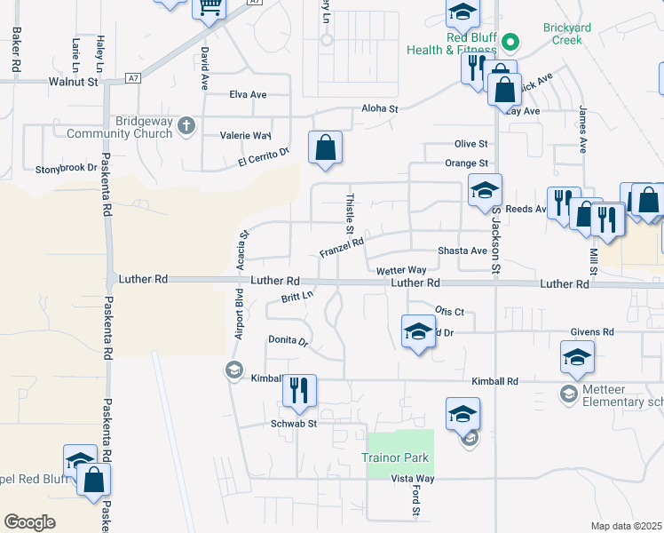 map of restaurants, bars, coffee shops, grocery stores, and more near 930 Alder Street in Red Bluff