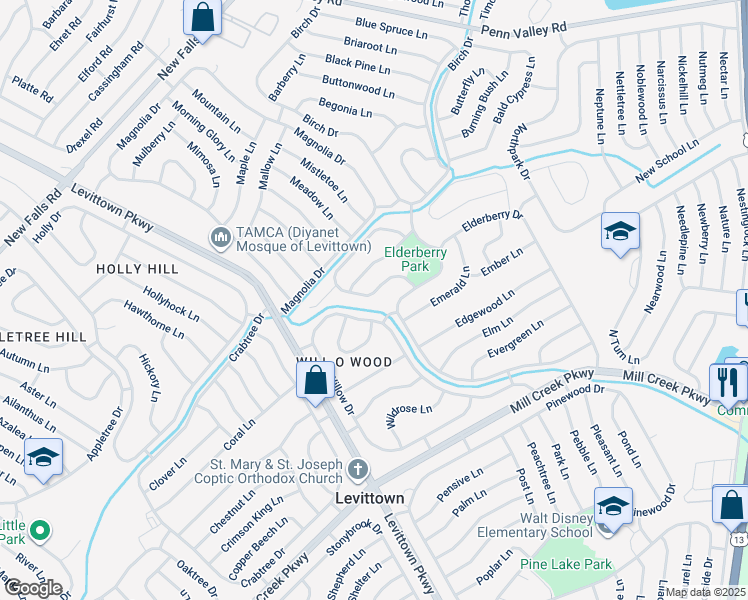 map of restaurants, bars, coffee shops, grocery stores, and more near 33 Eventide Lane in Levittown