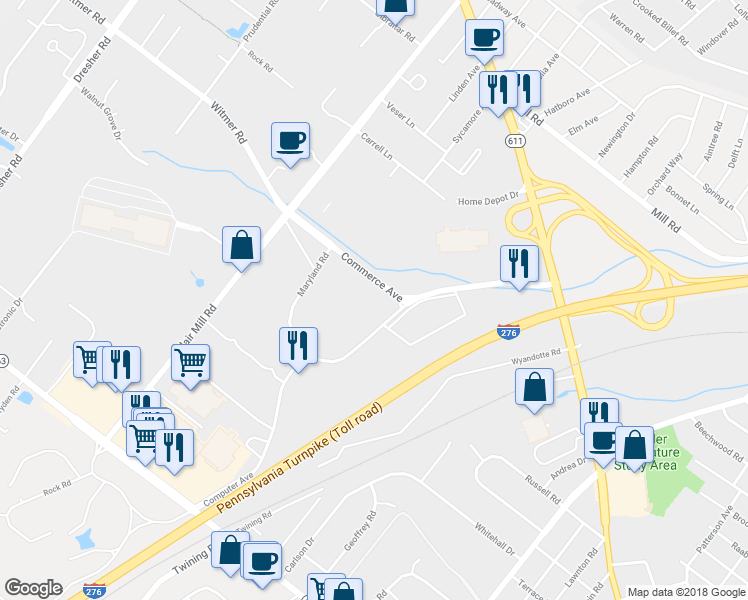map of restaurants, bars, coffee shops, grocery stores, and more near 2480 Maryland Road in Willow Grove