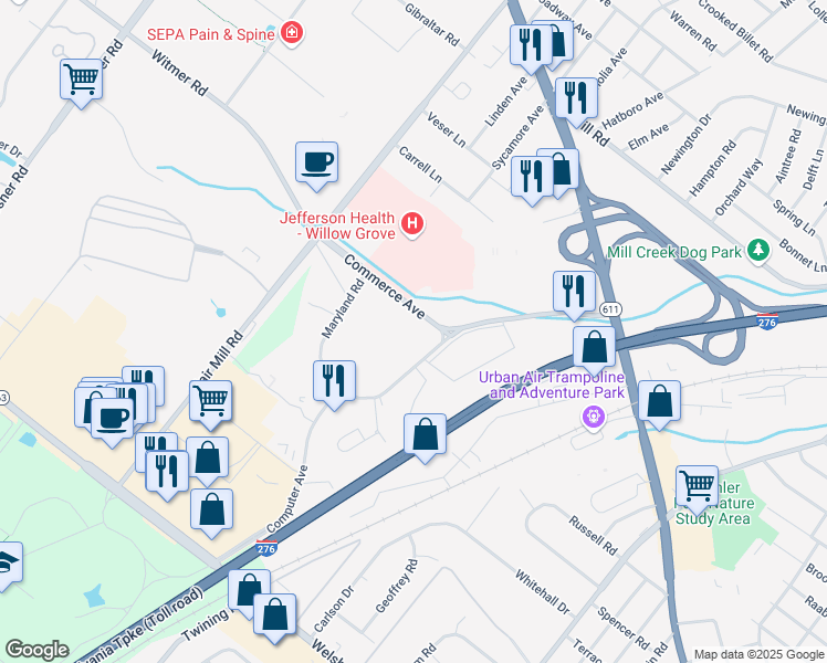 map of restaurants, bars, coffee shops, grocery stores, and more near 2480 Maryland Road in Willow Grove
