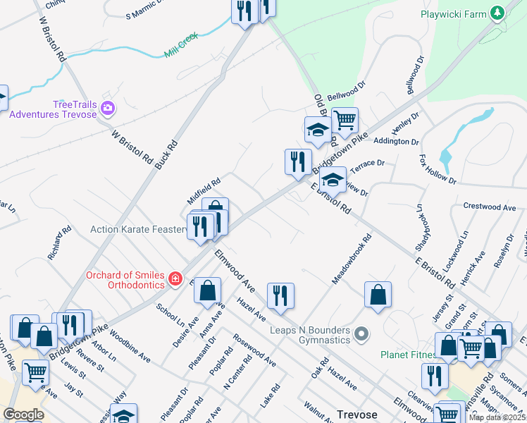 map of restaurants, bars, coffee shops, grocery stores, and more near 1889 Bridgetown Pike in Feasterville