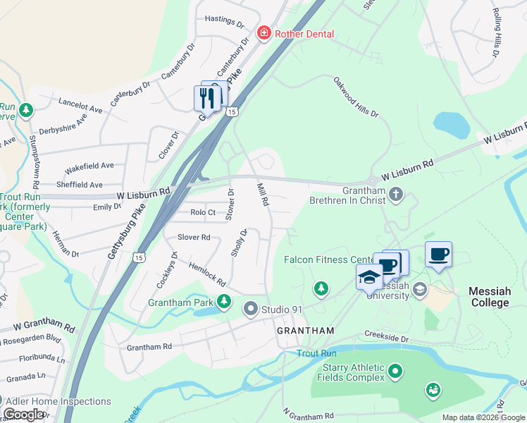 map of restaurants, bars, coffee shops, grocery stores, and more near 2530 Mill Road in Mechanicsburg