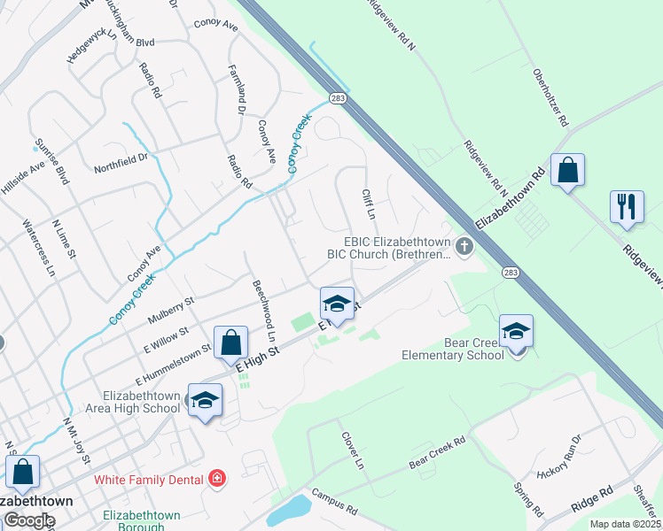 map of restaurants, bars, coffee shops, grocery stores, and more near 139 Radio Road in Elizabethtown