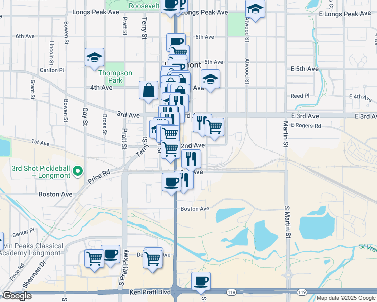 map of restaurants, bars, coffee shops, grocery stores, and more near 485 2nd Avenue in Longmont