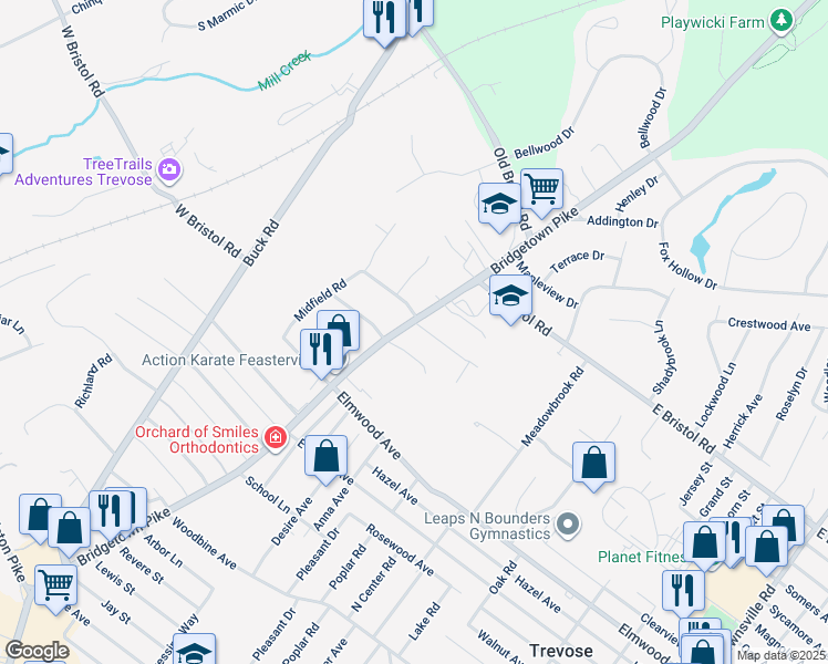 map of restaurants, bars, coffee shops, grocery stores, and more near 1889 Bridgetown Pike in Feasterville