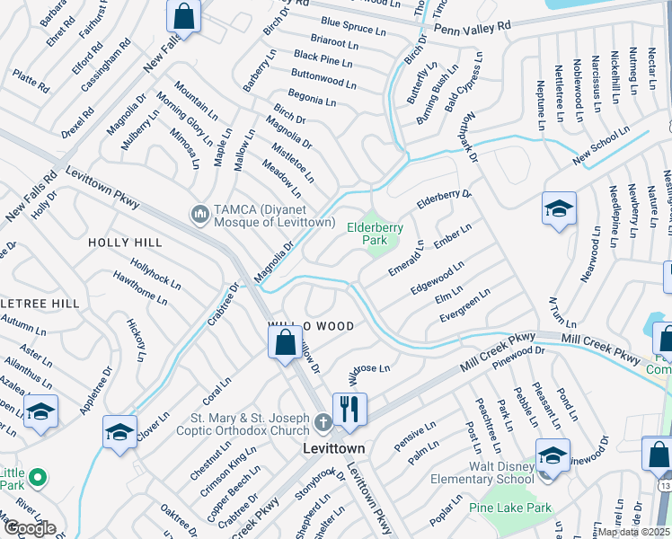 map of restaurants, bars, coffee shops, grocery stores, and more near 33 Eventide Lane in Levittown