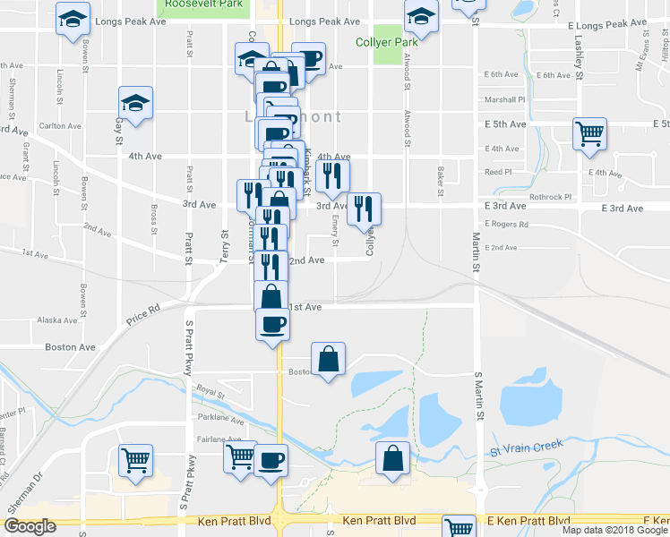 map of restaurants, bars, coffee shops, grocery stores, and more near 111 Emery Street in Longmont