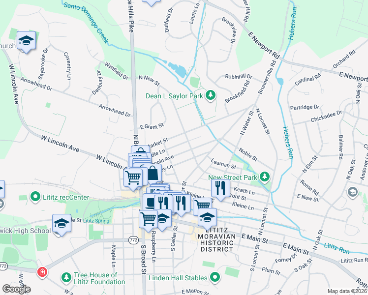 map of restaurants, bars, coffee shops, grocery stores, and more near 134 East Lincoln Avenue in Lititz