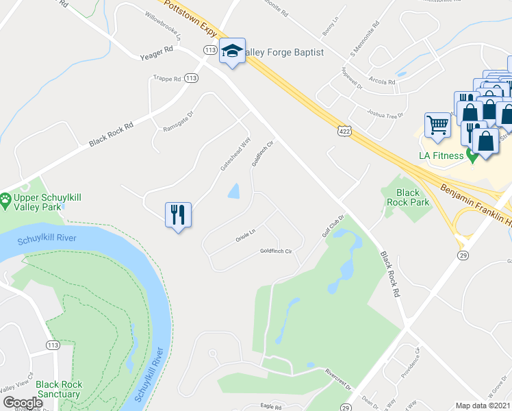 map of restaurants, bars, coffee shops, grocery stores, and more near 8 Goldfinch Circle in Phoenixville