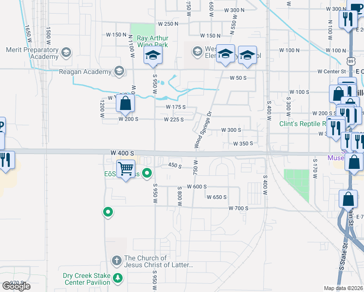 map of restaurants, bars, coffee shops, grocery stores, and more near 762 West 400 South in Springville