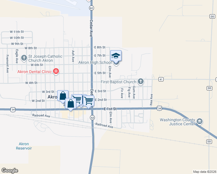 map of restaurants, bars, coffee shops, grocery stores, and more near 282 Elm Avenue in Akron