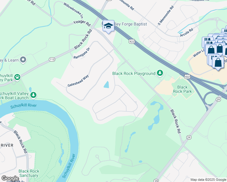 map of restaurants, bars, coffee shops, grocery stores, and more near Goldfinch Circle in Phoenixville