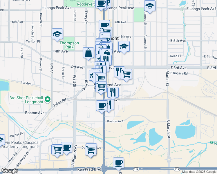 map of restaurants, bars, coffee shops, grocery stores, and more near 110 Main Street in Longmont