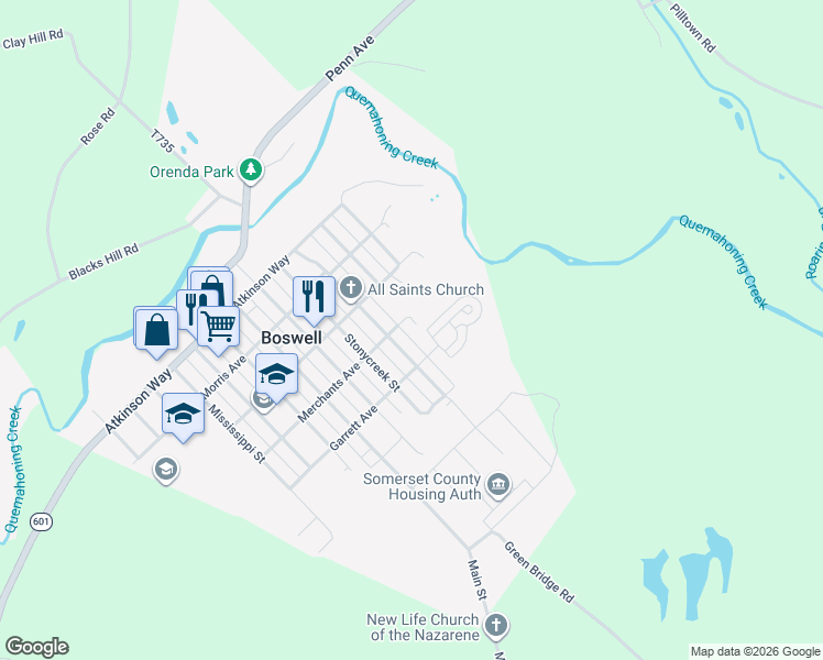 map of restaurants, bars, coffee shops, grocery stores, and more near 520 Quemahoning Street in Boswell
