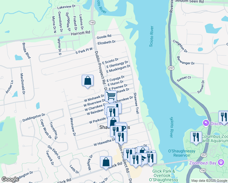 map of restaurants, bars, coffee shops, grocery stores, and more near 9540 Dublin Road in Powell