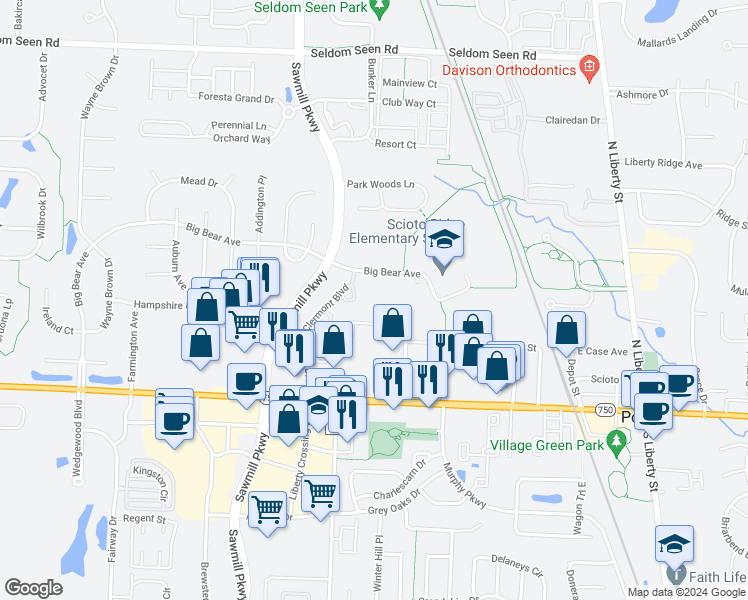 map of restaurants, bars, coffee shops, grocery stores, and more near 3517 Bear Pointe Circle in Powell