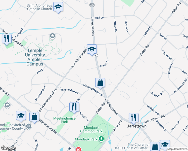 map of restaurants, bars, coffee shops, grocery stores, and more near 1115 Limekiln Pike in Ambler