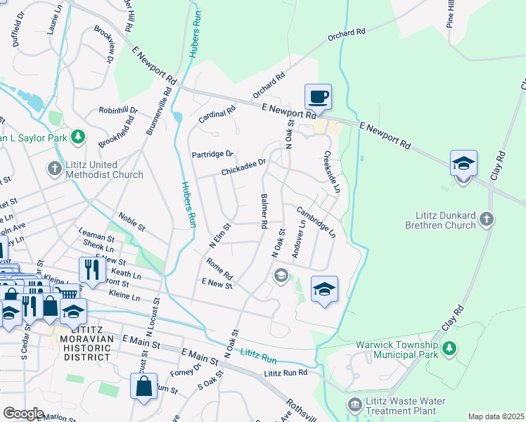 map of restaurants, bars, coffee shops, grocery stores, and more near 334 Balmer Rd in Lititz
