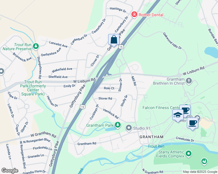 map of restaurants, bars, coffee shops, grocery stores, and more near 3528 Rolo Court in Mechanicsburg