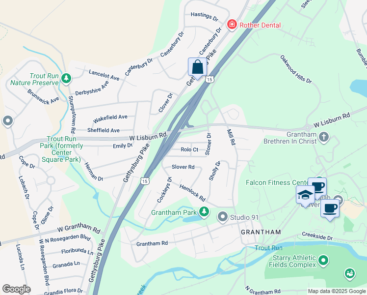 map of restaurants, bars, coffee shops, grocery stores, and more near 3519 Rolo Court in Mechanicsburg