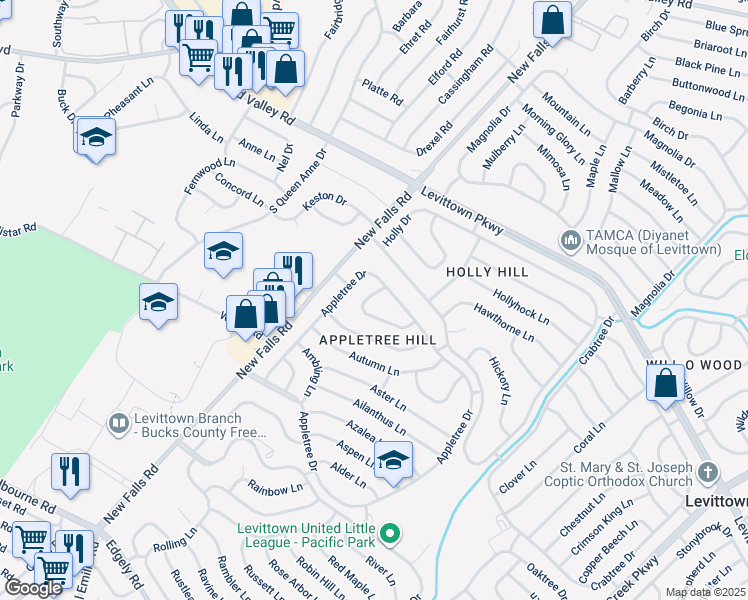 map of restaurants, bars, coffee shops, grocery stores, and more near 40 Almond Lane in Levittown