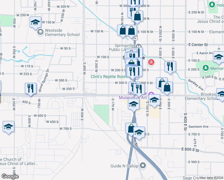 map of restaurants, bars, coffee shops, grocery stores, and more near 159 400 South in Springville