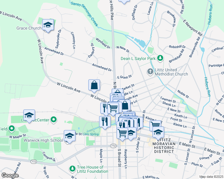 map of restaurants, bars, coffee shops, grocery stores, and more near 218 North Broad Street in Lititz