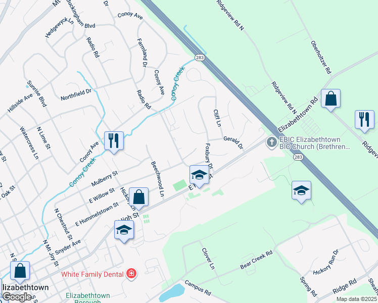 map of restaurants, bars, coffee shops, grocery stores, and more near 139 Radio Road in Elizabethtown