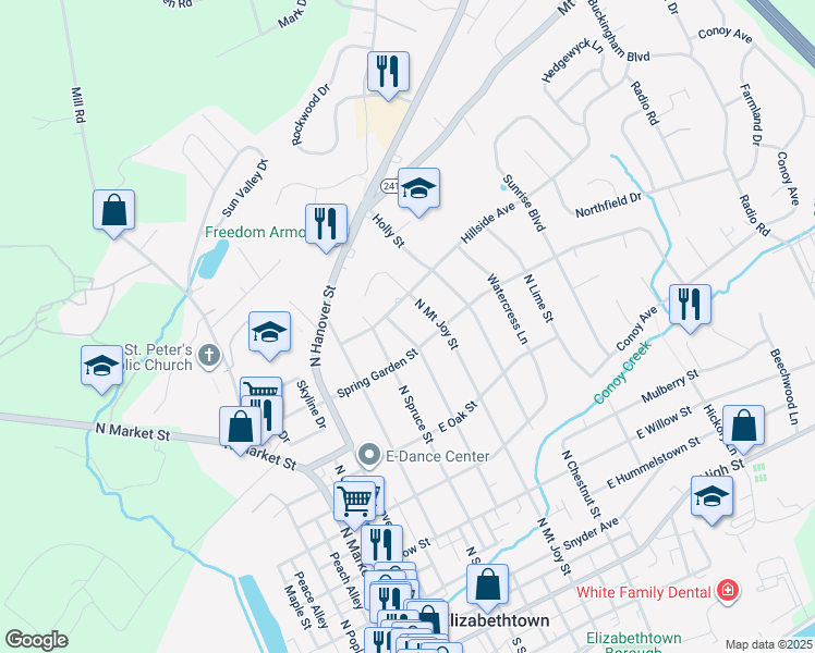 map of restaurants, bars, coffee shops, grocery stores, and more near 535 North Locust Street in Elizabethtown
