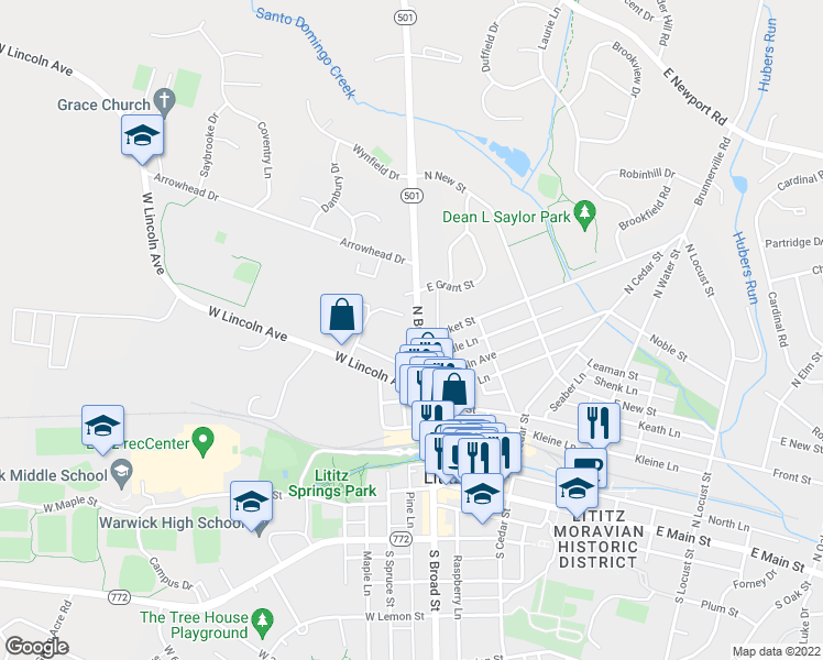 map of restaurants, bars, coffee shops, grocery stores, and more near 304 North Broad Street in Lititz