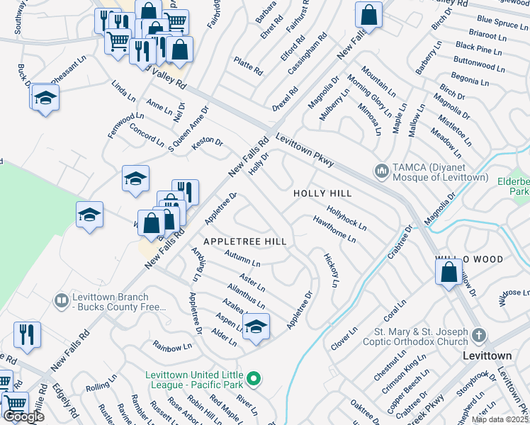 map of restaurants, bars, coffee shops, grocery stores, and more near 272 Appletree Drive in Levittown
